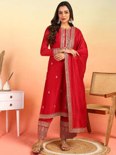 Women Red Silk Blend Solid Embroidered Straight Kurta Palazzo With Dupatta-PKSKD2399